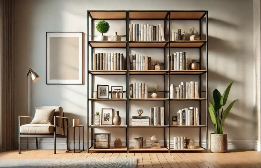 Gambar interior toko buku stylish dengan rak-rak buku yang tertata rapi.