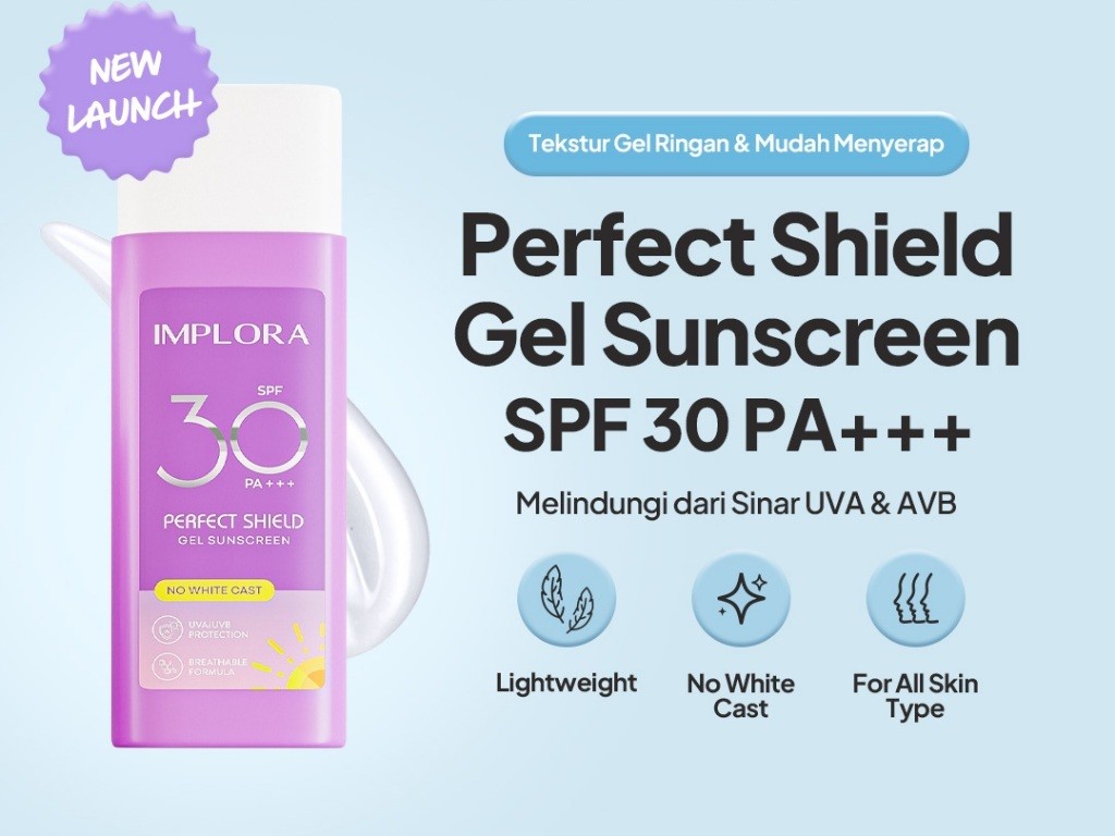 Gambar tube Implora Sunscreen Gel dengan swatch tekstur gel ringan, menonjolkan perlindungan matahari dan sifat melembapkannya, dengan latar belakang samar Surabaya.