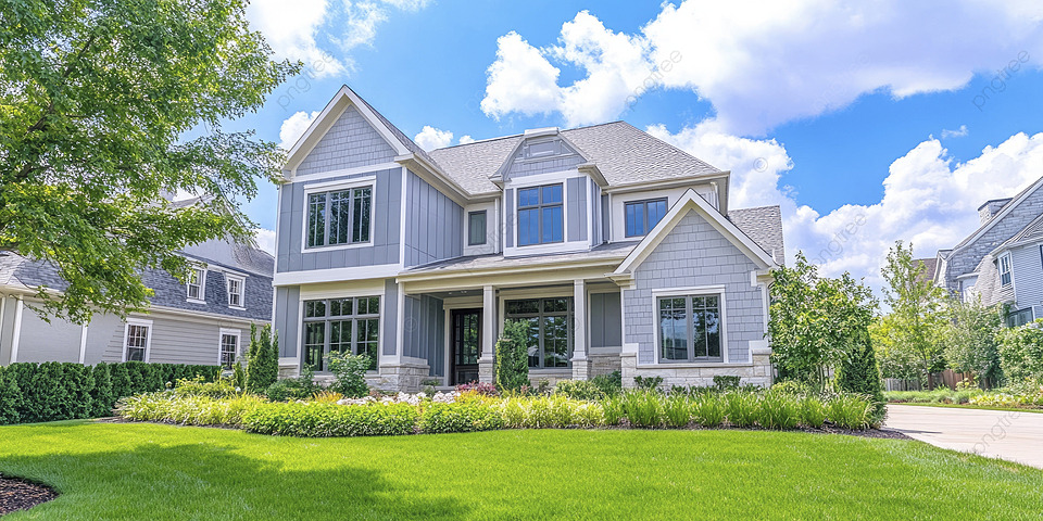 Gambar rumah suburban yang nyaman dengan halaman hijau.