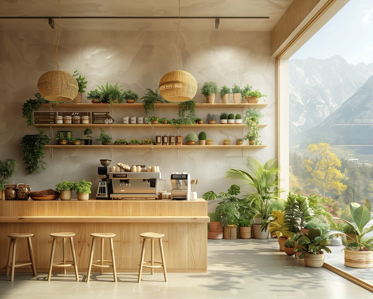 Interior cafe minimalis dengan nuansa warna pastel dan tanaman hias.
