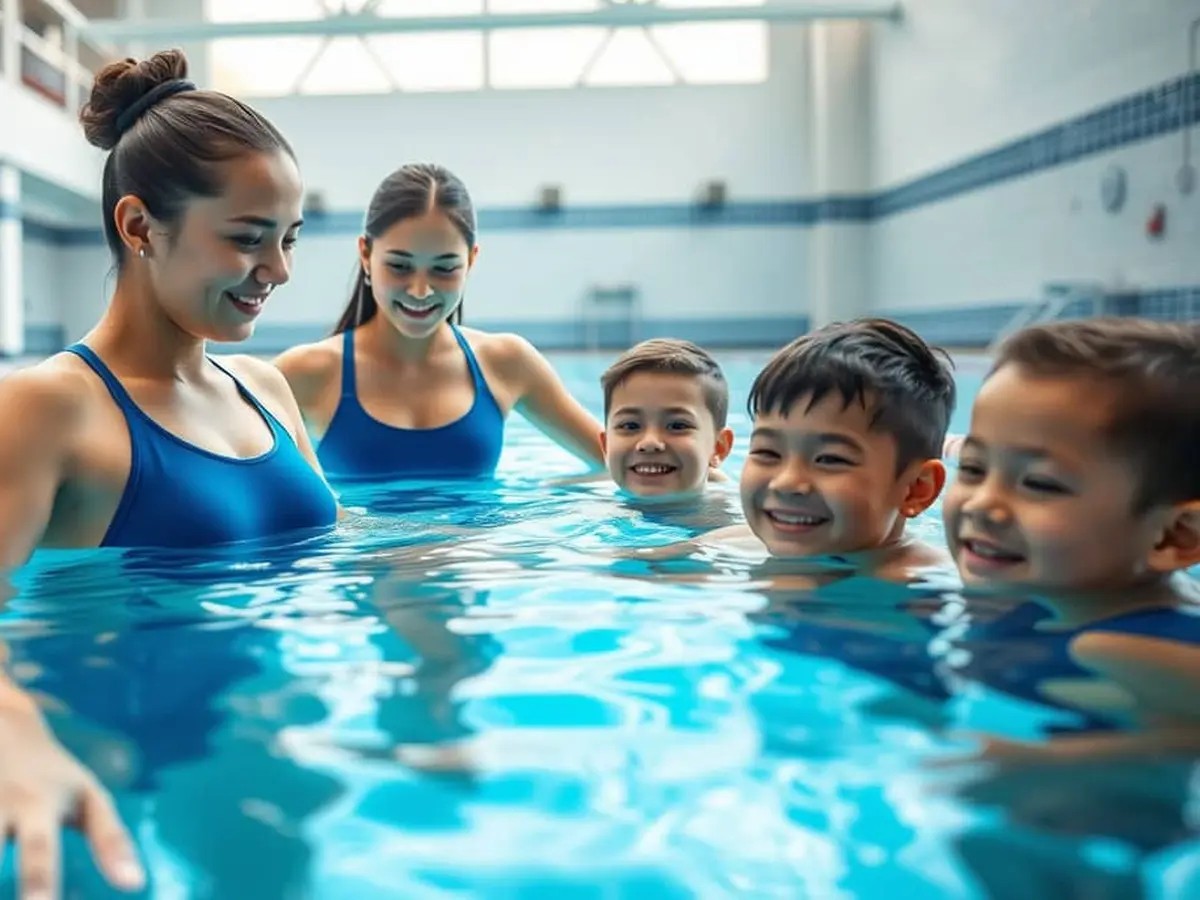Sekelompok orang sedang berinteraksi dan bersenang-senang di tepi kolam renang umum yang ramai.