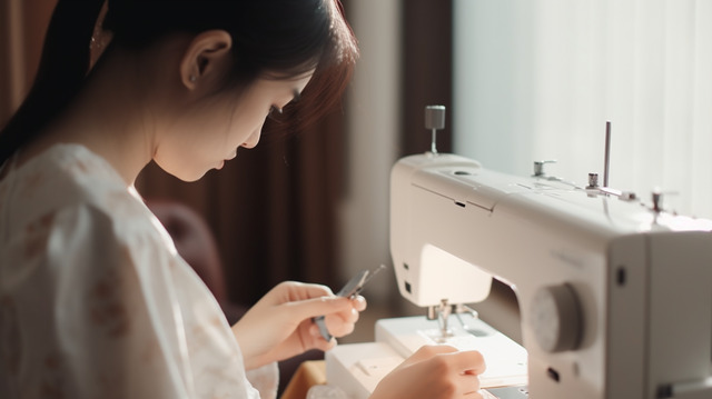 Seorang siswa sedang menjahit kain di mesin jahit di studio fashion desain.