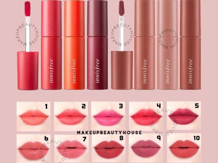 Gambar tube Innisfree Vivid Cotton Stick dengan estetika alami dan minimalis, menonjolkan bahan dasar perawatan bibir dan hasil akhir velvet matte yang nyaman, mungkin dengan ilustrasi botani samar, d