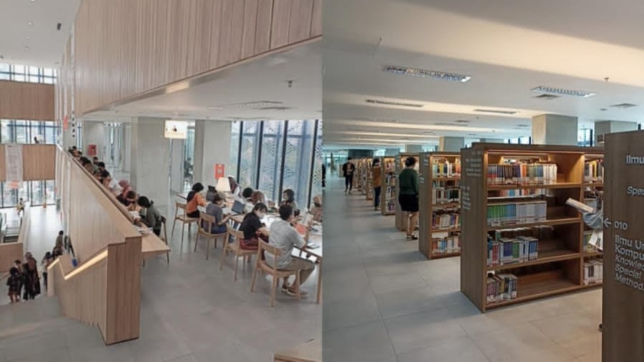 Gambar interior perpustakaan kementerian dengan buku-buku akademik dan budaya.