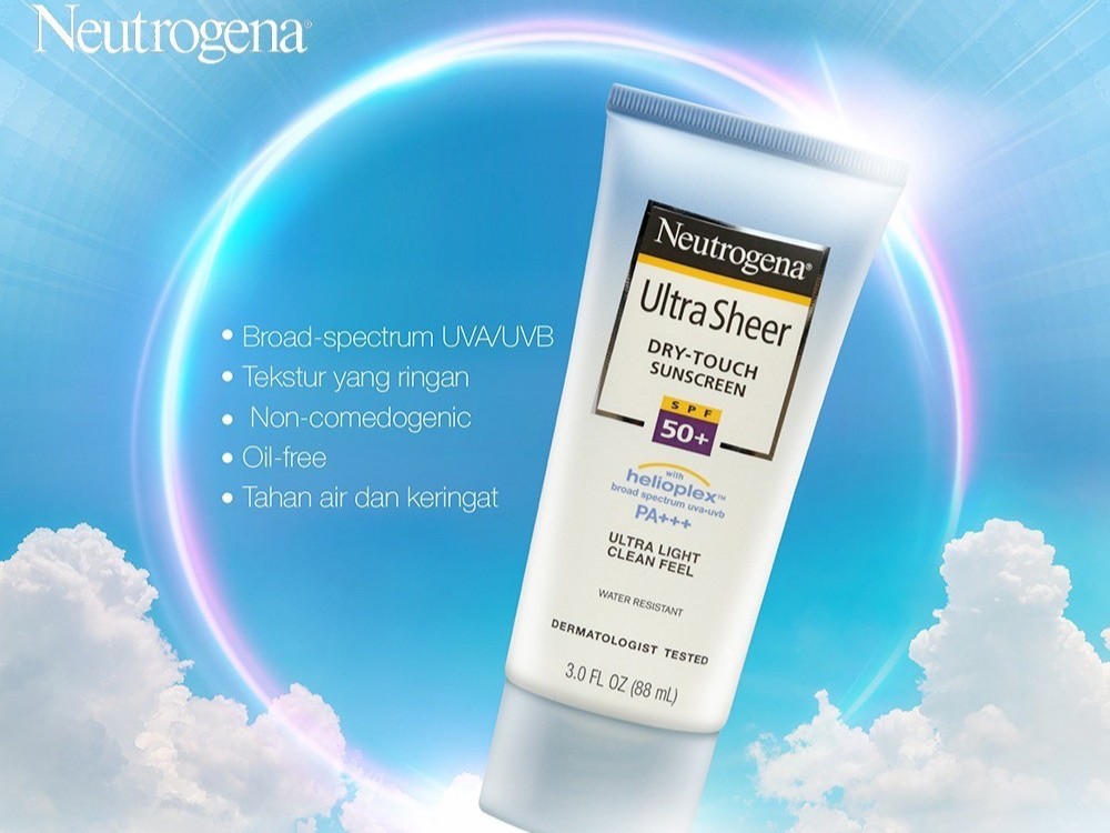 Gambar botol Neutrogena Ultra Sheer Dry-Touch Sunscreen dan kaleng Vaseline Lip Therapy Rosy Lips, diletakkan berdampingan di latar belakang yang bersih, menonjolkan perlindungan gabungan mereka untuk