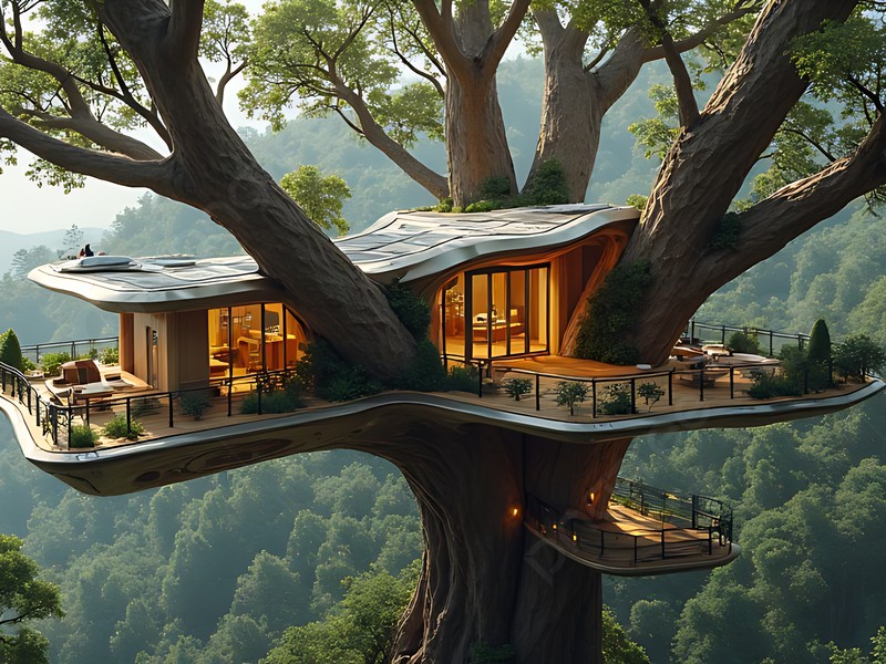 Gambar rumah modern bergaya resor dikelilingi pegunungan dan pepohonan hijau.