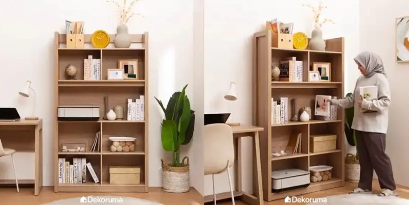 Gambar interior toko buku stylish dengan rak-rak buku seni yang tertata rapi.