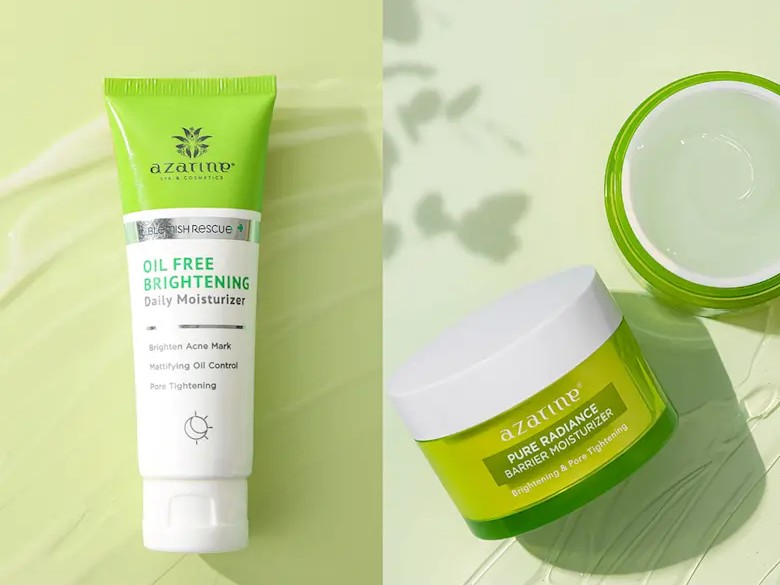 Gambar tube Azarine Oil-Free Hydrating Moisturizer dengan swatch tekstur gel bening dan bersih, menonjolkan sifat ringan dan menenangkannya untuk kulit berjerawat, dengan latar belakang samar Depok.