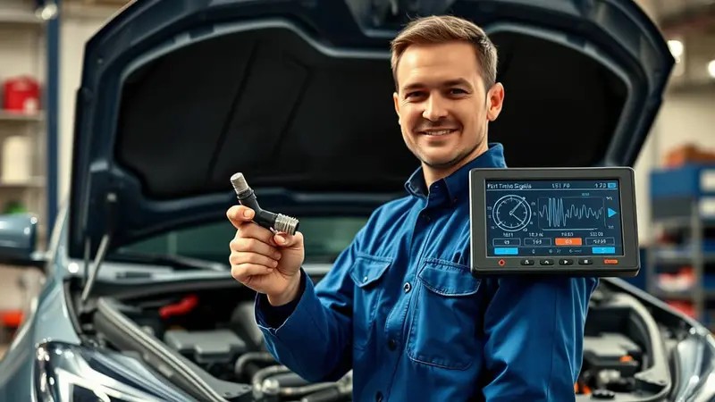 Mekanik sedang memeriksa kabel-kabel di bawah dashboard mobil.