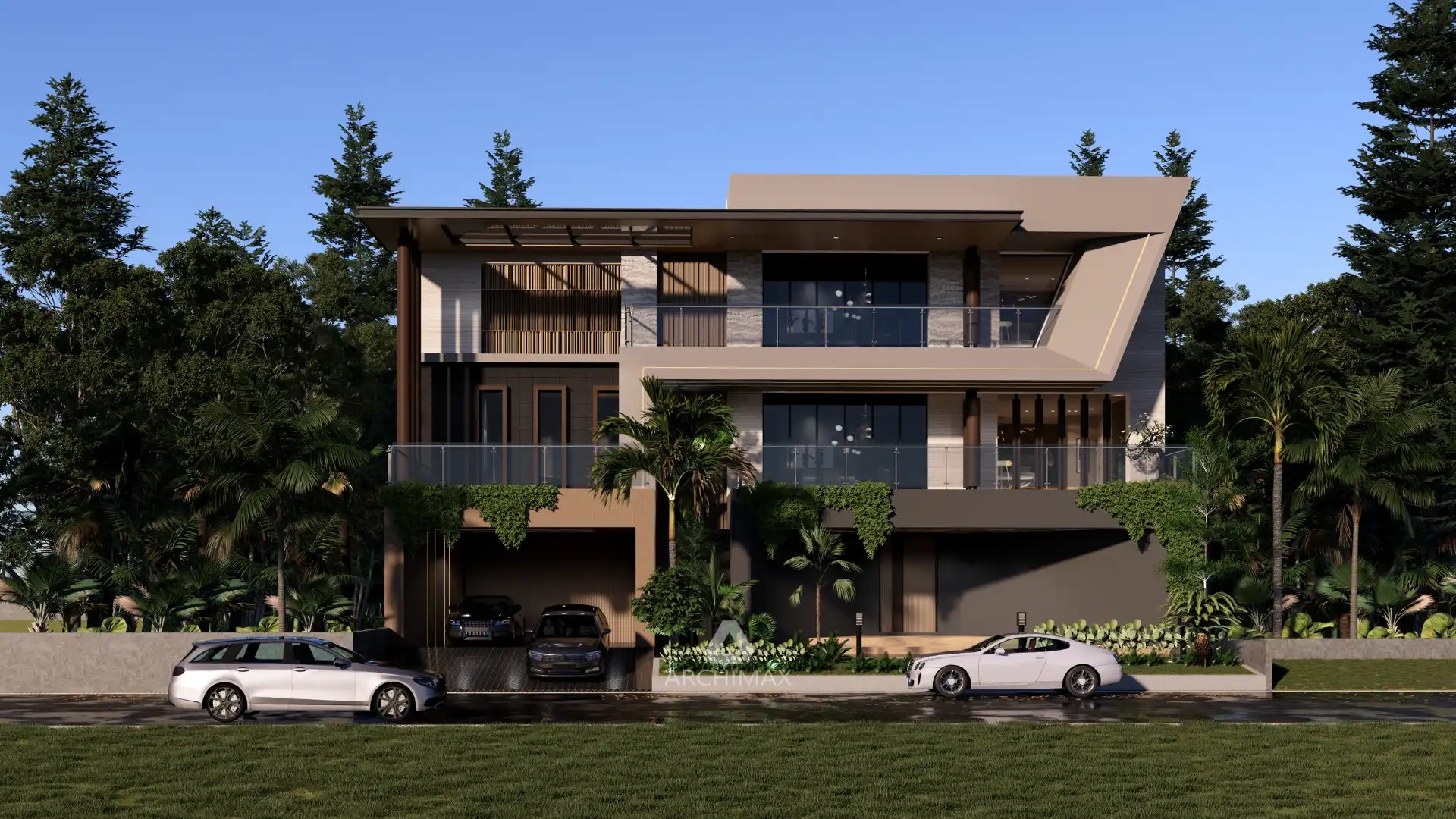 Villa modern dengan desain futuristik dan banyak jendela kaca di Bogor.