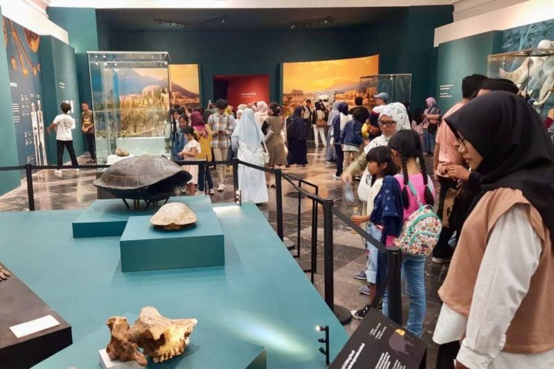 Pengunjung sedang melihat koleksi artefak kuno di dalam Museum Nasional yang megah.