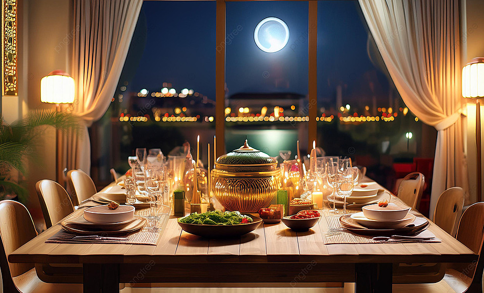 Meja makan malam romantis dengan lilin, bunga, dan pemandangan kota di latar belakang.