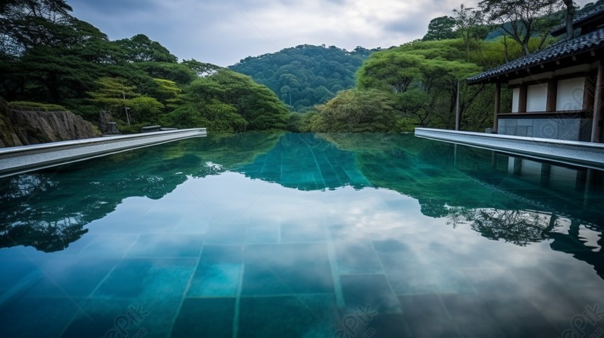 Gambar kolam renang yang dikelilingi pepohonan tropis hijau yang rimbun dan bunga-bunga.