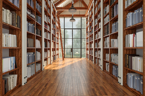 Gambar interior toko buku khusus dengan rak-rak buku hukum.