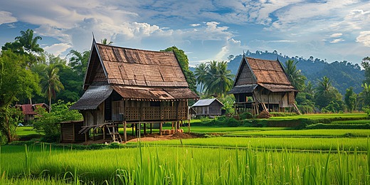 Gambar rumah pedesaan yang tenang dengan sawah dan pegunungan di latar belakang.