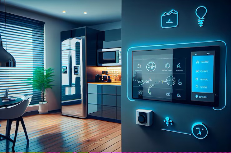 Interior rumah modern dengan lampu otomatis dan tablet kontrol smart home.