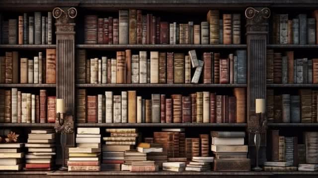 Gambar interior perpustakaan sastra dengan buku-buku lama dan manuskrip.