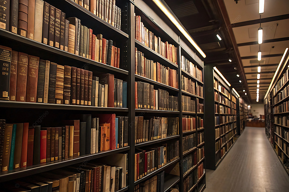 Gambar interior toko buku besar dengan rak-rak penuh buku.