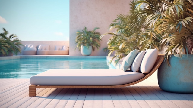 Gambar kolam renang hotel yang mewah dengan kursi berjemur elegan dan bangunan hotel di latar belakang.