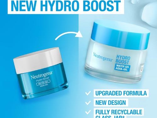 Gambar jar Neutrogena Hydro Boost Water Gel dengan tekstur gel-krim tembus pandang yang segar, menonjolkan hidrasi dan rasa ringannya, dengan latar belakang samar Medan.