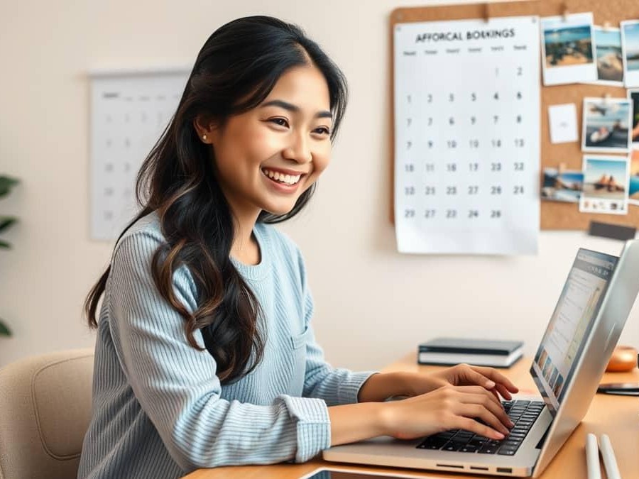 Gambar seseorang sedang bekerja dengan laptop di area lounge hotel yang nyaman.