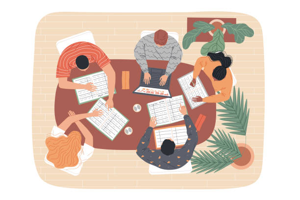 Gambar sekelompok siswa sedang berdiskusi intens di meja bundar, menunjukkan ekspresi berpikir.