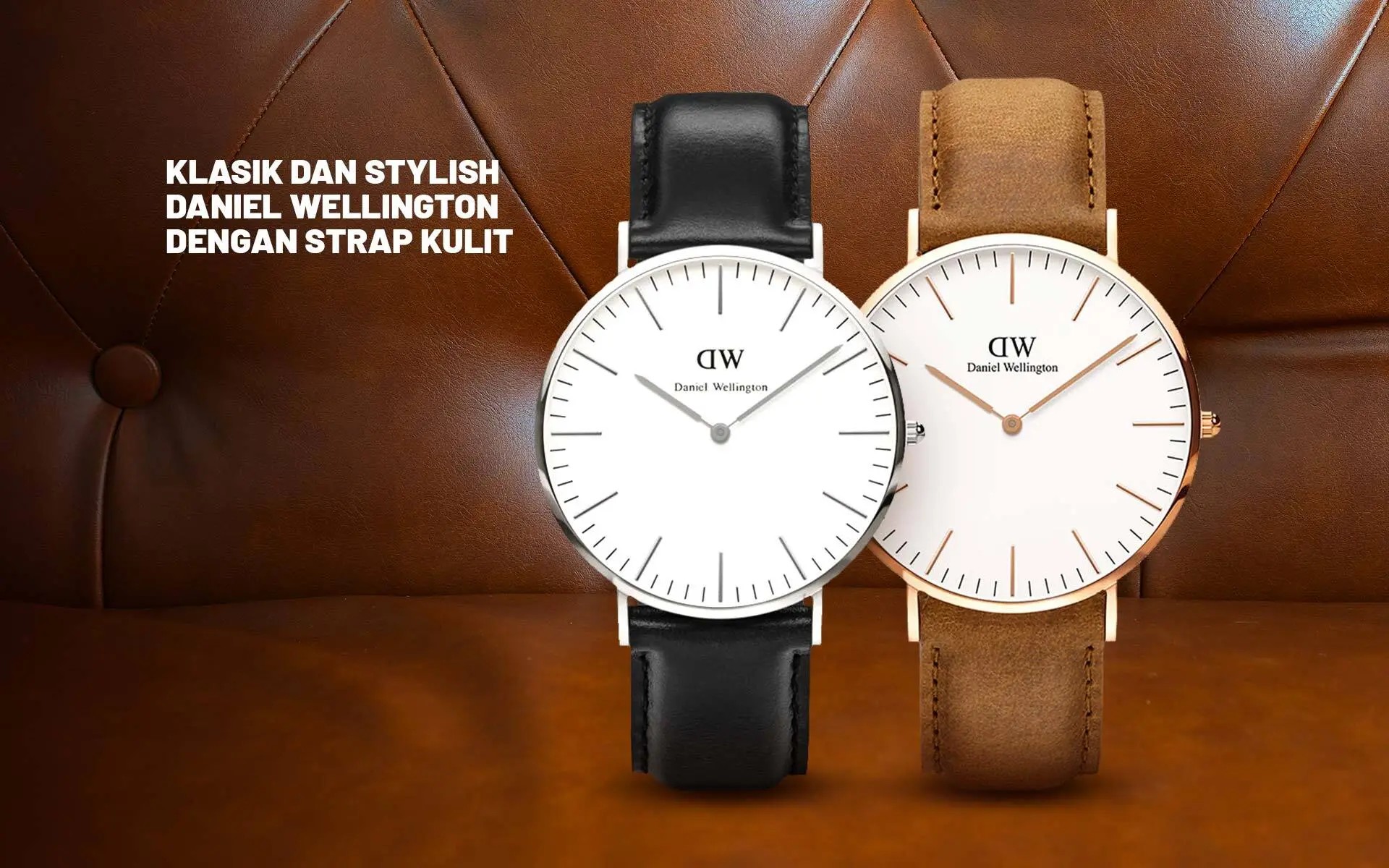 Jam tangan minimalis modern dengan dial putih bersih dan tali kulit coklat, diletakkan di atas permukaan kayu.