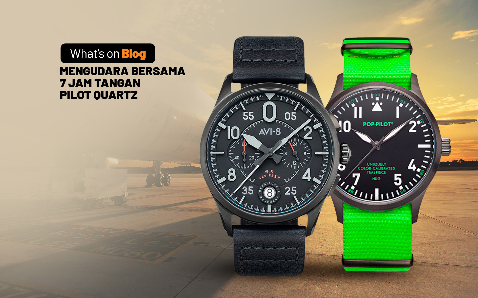 Jam tangan pilot dengan dial besar dan mudah dibaca, di latar belakang kokpit pesawat.
