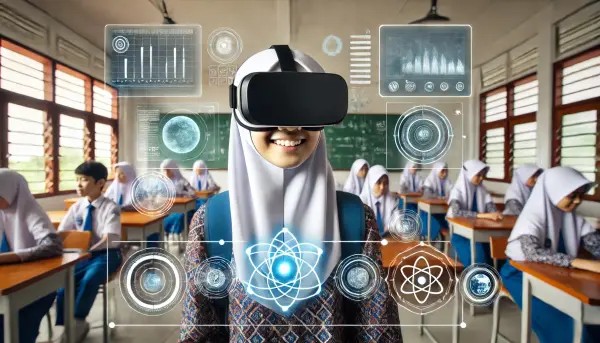Gambar siswa-siswi menggunakan headset VR di kelas, terlibat dalam simulasi edukasi.