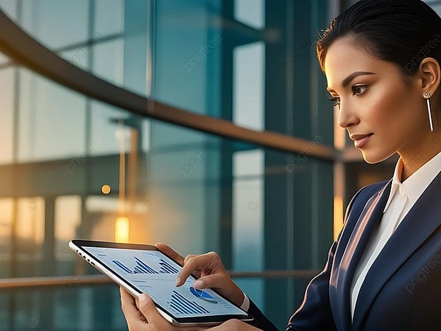 Gambar seseorang yang berpenampilan profesional di lingkungan kantor, meninjau data keuangan di layar