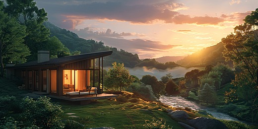 Gambar rumah mewah di bukit dengan pemandangan lembah hijau.