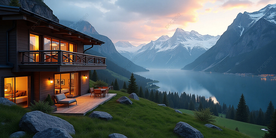 Gambar rumah modern di lanskap pegunungan hijau yang tenang.