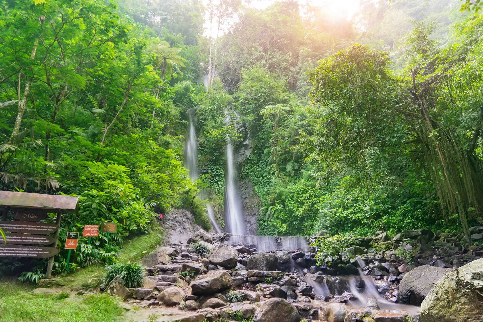 Air terjun Curug Cilember di Bogor dengan pepohonan rimbun yang asri.