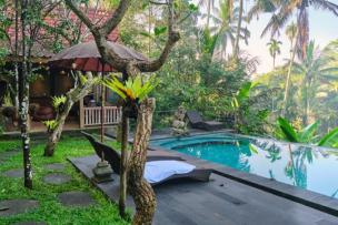 Kolam renang infinity dengan latar belakang villa desain unik dan pemandangan hijau yang estetik.