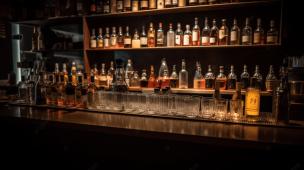 Interior hidden bar yang gelap dengan pencahayaan remang dan gelas koktail di meja.