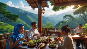 Keluarga sedang makan di restoran outdoor dengan pemandangan kota Bandung dari ketinggian.