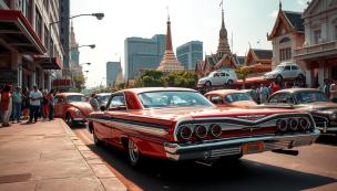 Mobil klasik yang sudah direstorasi sempurna, sedang dipamerkan dengan detail yang berkilau.