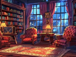 Gambar interior perpustakaan dengan rak buku tinggi dan area baca yang tenang.