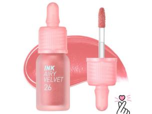 Gambar tube Peripera Ink Airy Velvet dengan desain botol tinta yang ceria, menonjolkan warna ringan yang tahan lama dan hasil akhir velvet lembutnya
