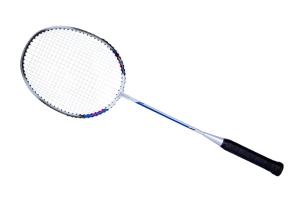 Raket badminton dengan kepala raket yang terlihat kokoh, berfokus pada bagian kepala, siap untuk smash.