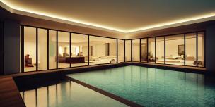Gambar kolam renang indoor yang terang dengan beberapa orang berenang dan jendela besar di dinding.
