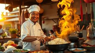 Chef sedang menunjukkan cara menumis bumbu kepada peserta kelas memasak dengan wajan besar.