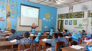 Gambar seorang guru berinteraksi dengan tiga kelompok kecil siswa yang mengerjakan tugas berbeda di kelas.