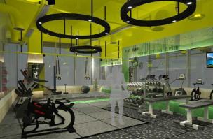 Interior gym modern dengan berbagai alat fitness dan beberapa orang sedang berolahraga.