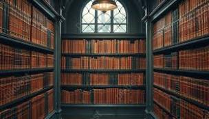 Gambar interior perpustakaan dengan bagian arsip dan dokumen sejarah.