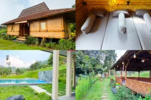 Villa kayu tradisional dengan latar belakang persawahan hijau yang asri di Bogor.