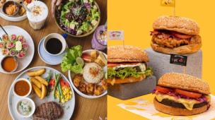 Piring penuh dengan hidangan plant-based burger dan kentang goreng di Burgreens.