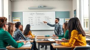 Sekelompok profesional sedang berdiskusi dalam Bahasa Inggris di ruang kelas yang modern.