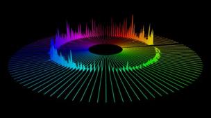 Layar ponsel menampilkan visualizer musik dengan gelombang suara yang memancar keluar, menggambarkan audio imersif.