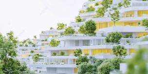 Gambar kompleks perumahan modern dengan rumah-rumah kontemporer dan taman hijau.
